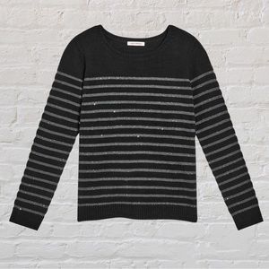 Joe Fresh Black Sequin Gray Striped Crew Neck Sweater